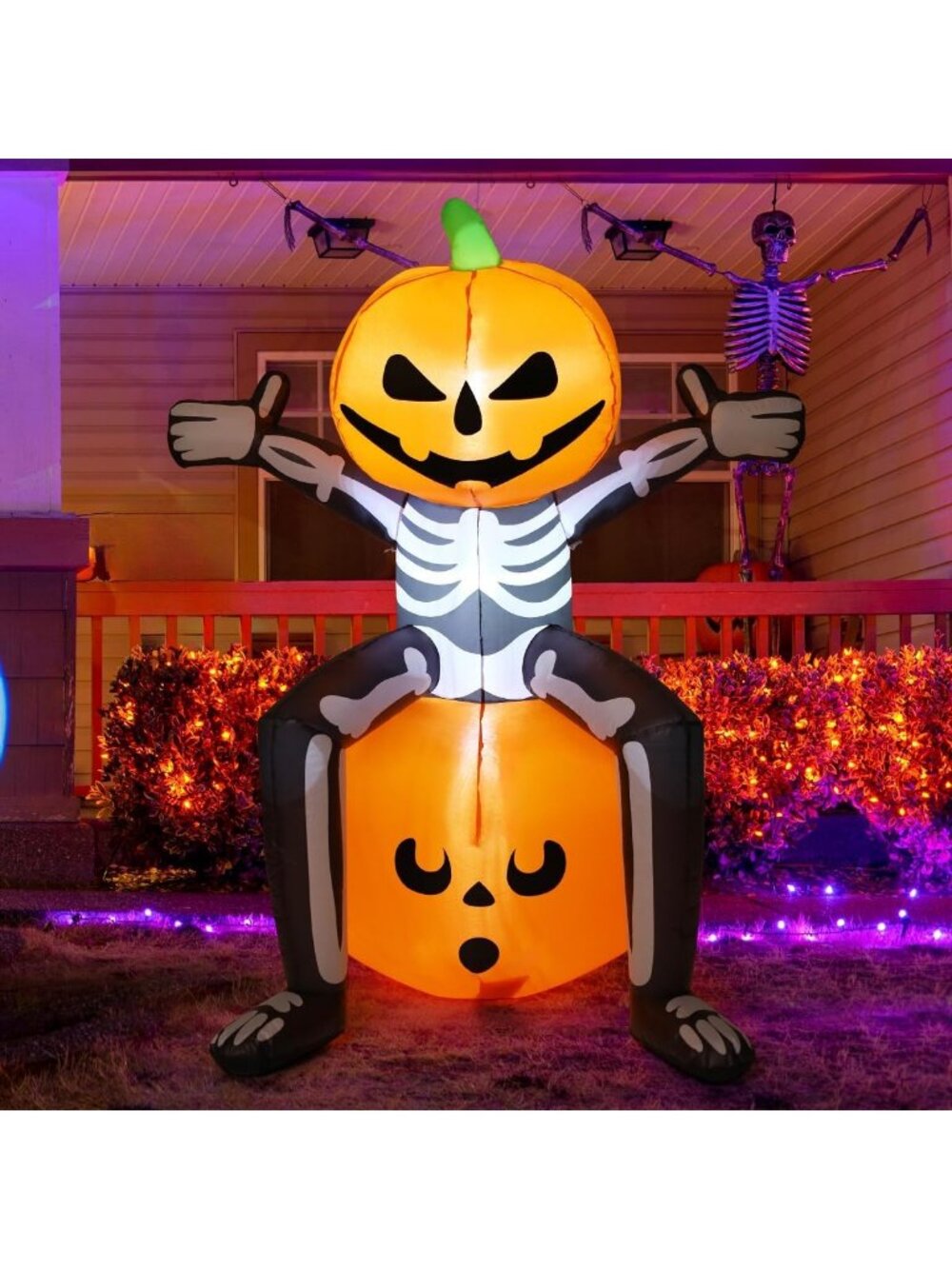 🎃 5FT Halloween Inflatable Skeleton Pumpkin Head with Built-in LEDs Blow Up